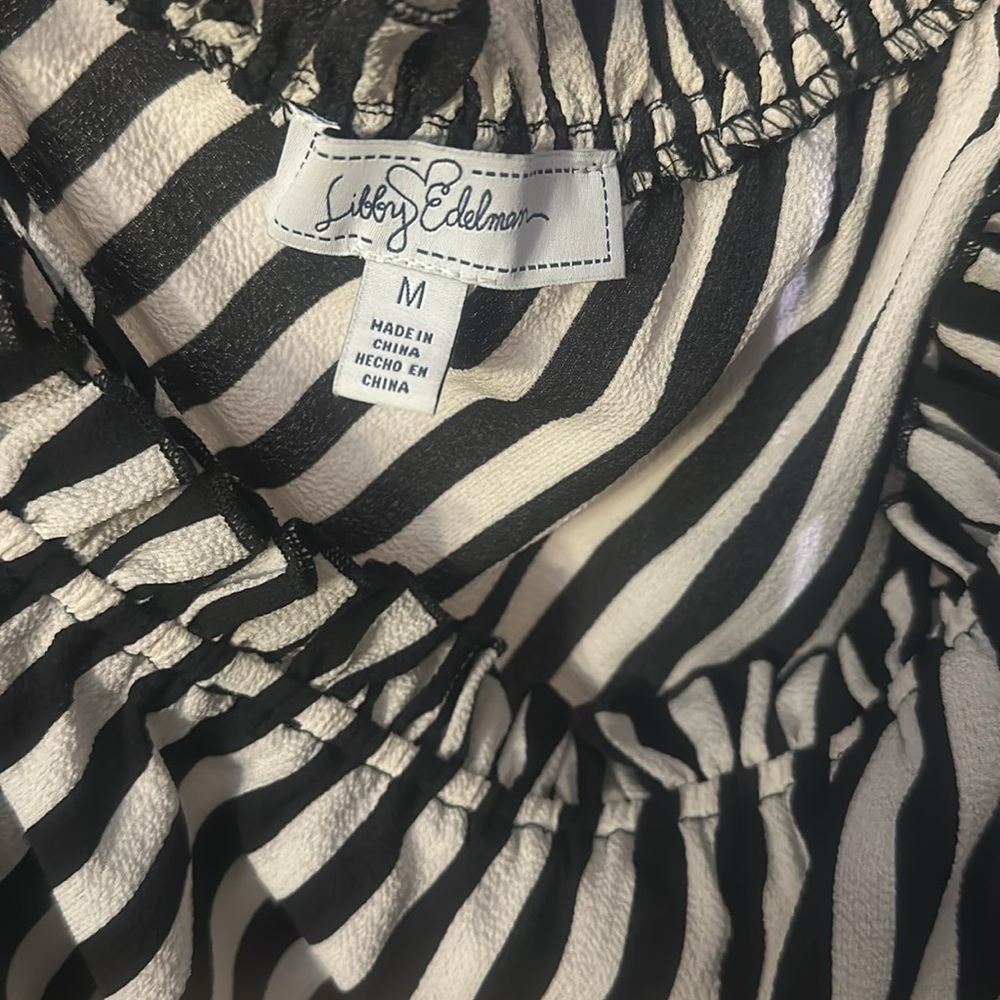 Black and white vertical stripes off the shoulder blouse with Statement Sleeve - Picture 5 of 5